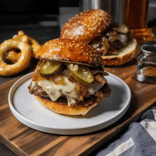 Schnitzel Burgers with Muenster Cheese on Pretzel Buns