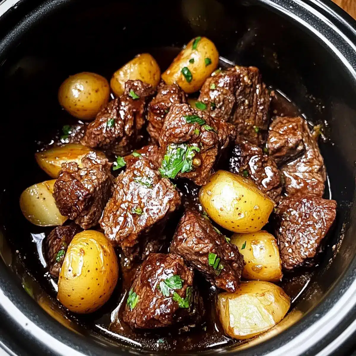 Slow Cooker Garlic Butter Beef Bites with Potatoes