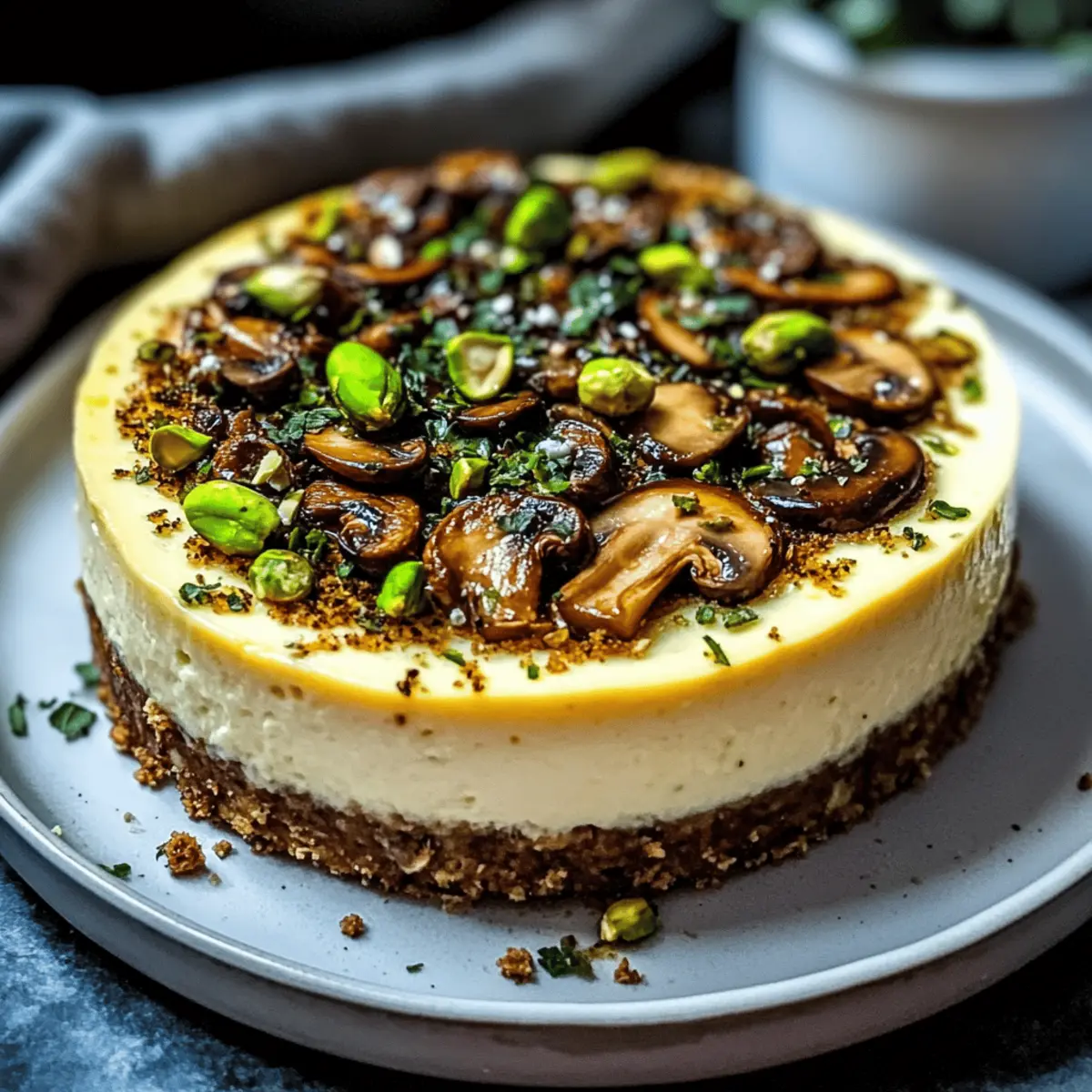 Pistachio and Mushroom Cheesecake with Feta & Parmesan Crust