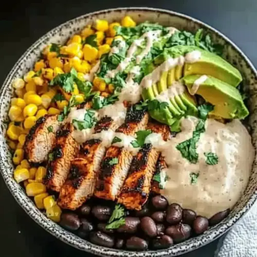 Chipotle Chicken Bowl with Black Beans, Corn, & Creamy Sauce
