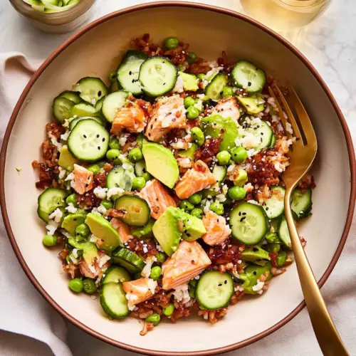 Crispy Rice Salmon Cucumber Salad with Creamy Asian Dressing
