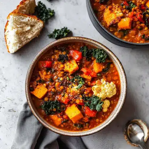 Roasted Garlic Vegetable Stew with Red Lentils & Tomatoes