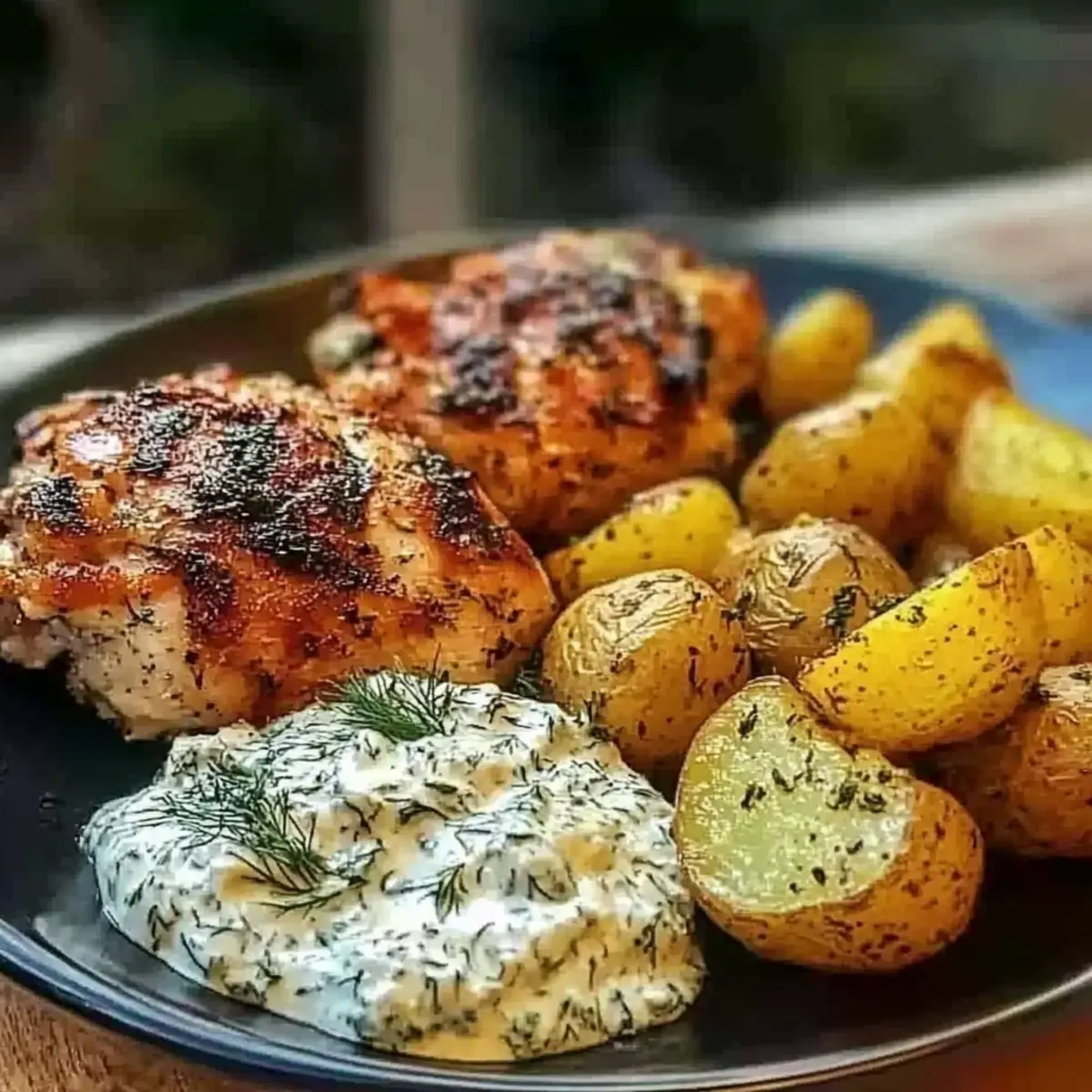 Spicy Yogurt Marinated Chicken with Dill Feta Cream & Crispy Baby Potatoes