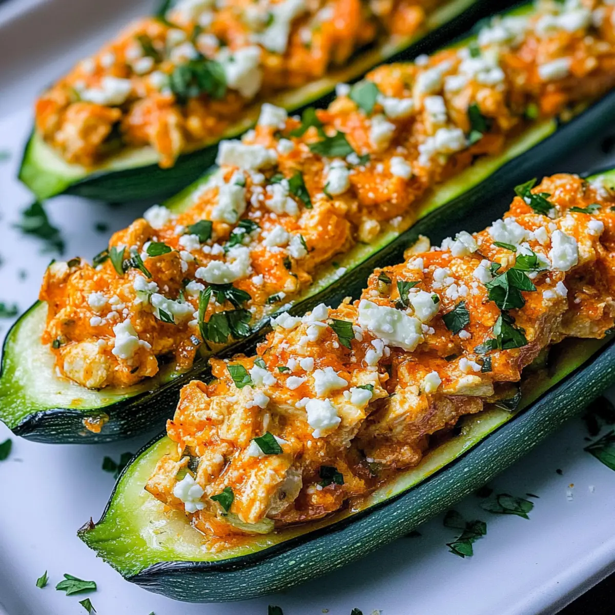 High Protein Buffalo Chicken Stuffed Zucchini Boats