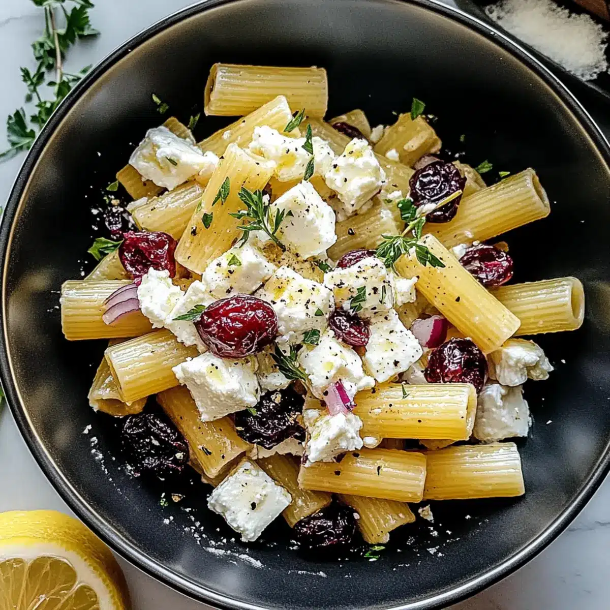 Feta & Cranberry Rigatoni Salad with Lemon Vinaigrette