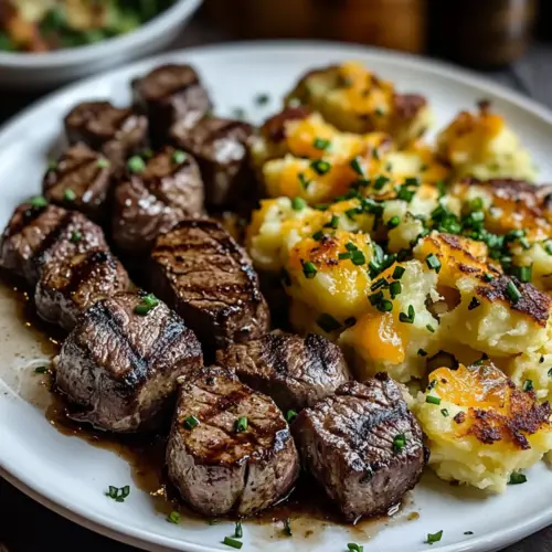Garlic Butter Steak Bites and Cheesy Smashed Potatoes