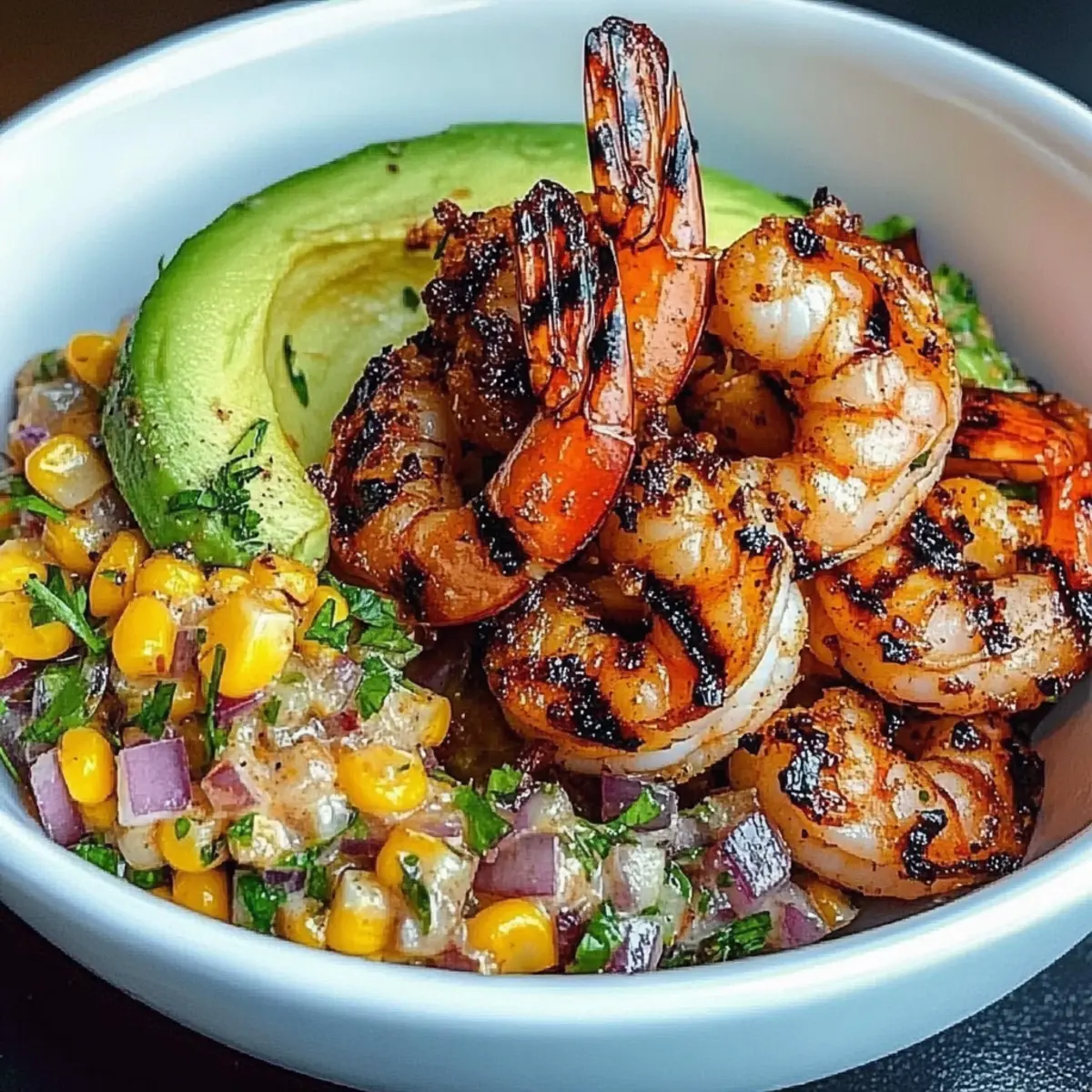 Grilled Shrimp Bowl with Avocado, Corn Salsa & Creamy Garlic Sauce
