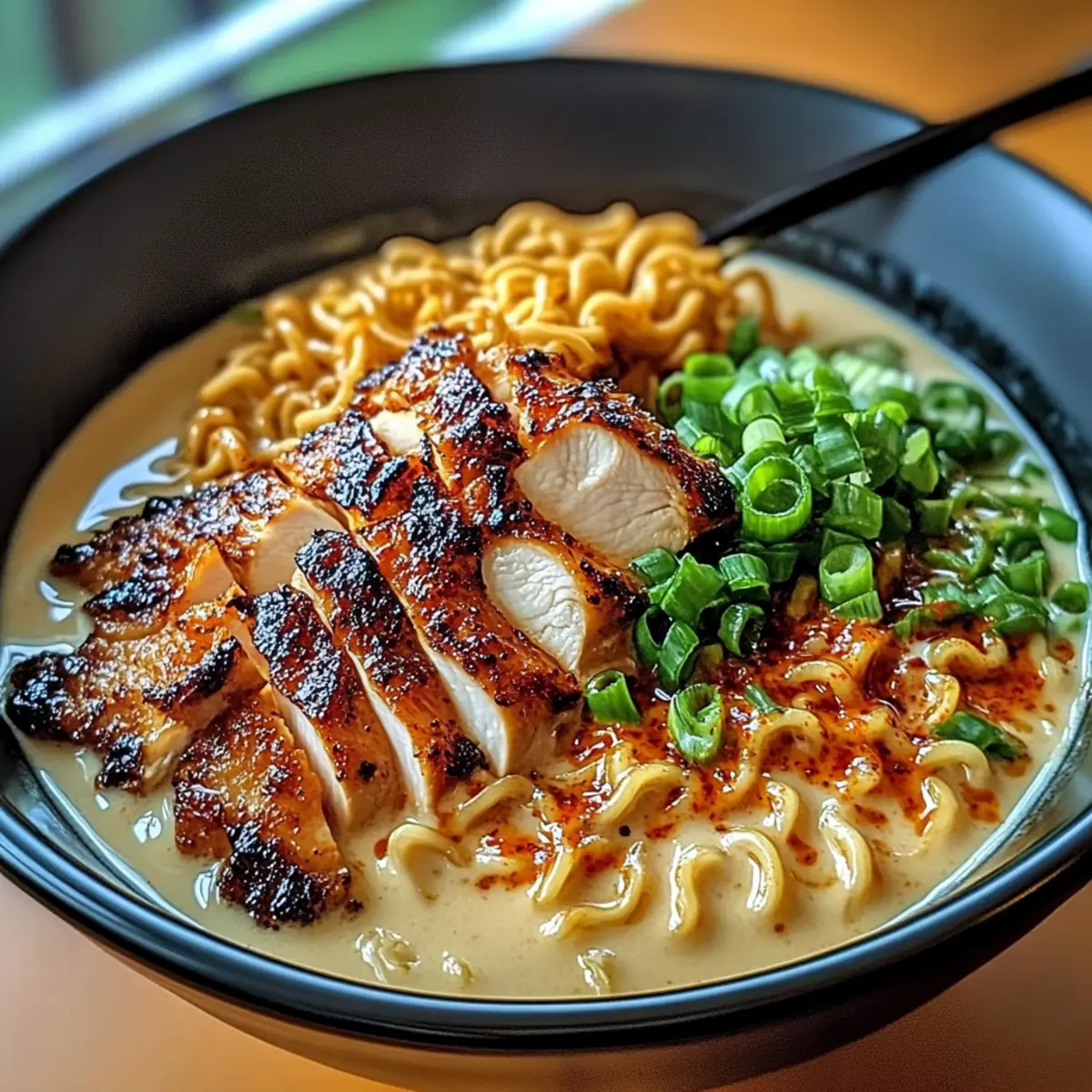 Fiery Chicken Ramen with Creamy Garlic Sauce