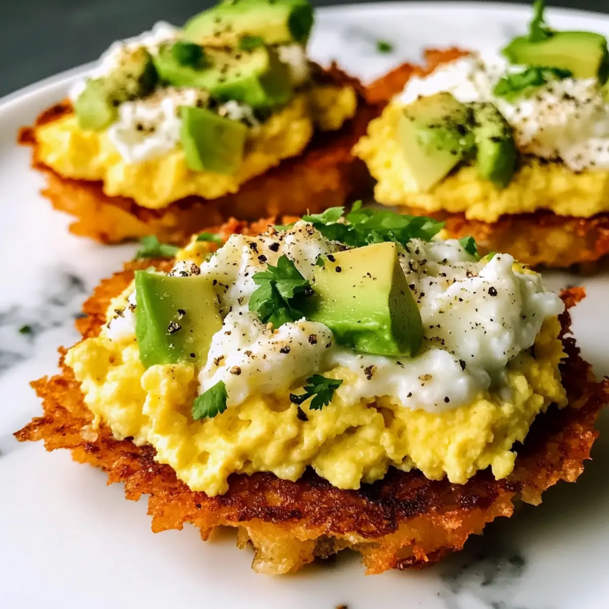 Loaded Hash Browns with Scrambled Eggs, Avocado, and Cottage Cheese