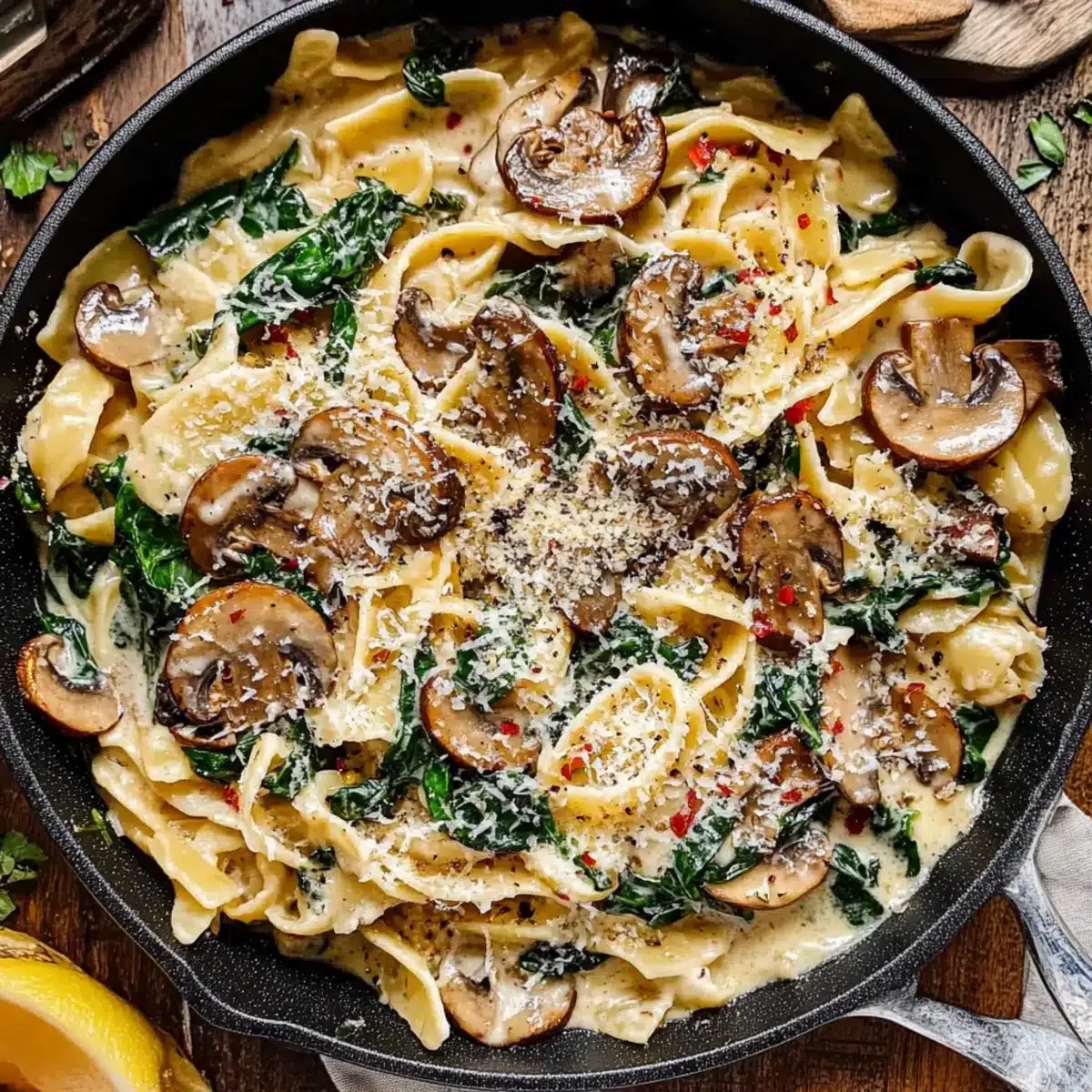 One-Pot Garlic Parmesan Pasta with Spinach and Mushrooms
