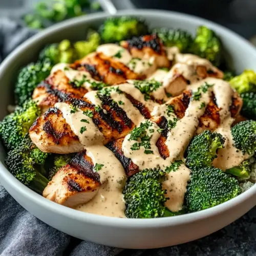 Grilled Chicken & Broccoli Bowls with Creamy Garlic Sauce