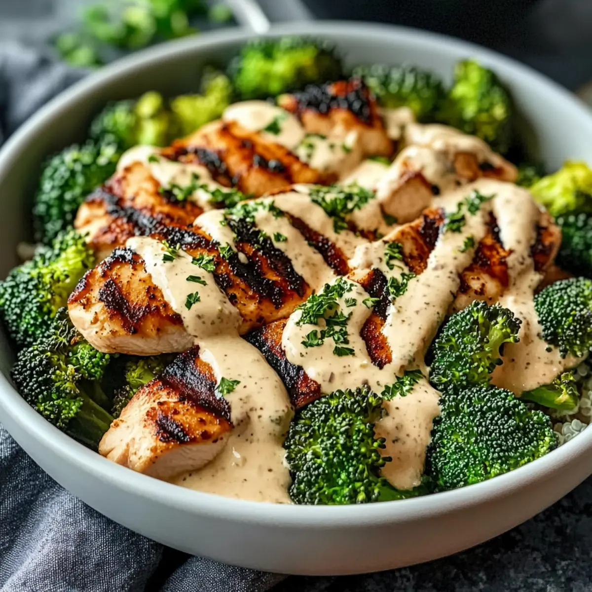 Grilled Chicken & Broccoli Bowls with Creamy Garlic Sauce