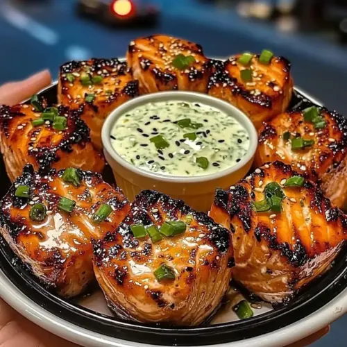 Sweet Chili Salmon Bites with Lime Yogurt Dip