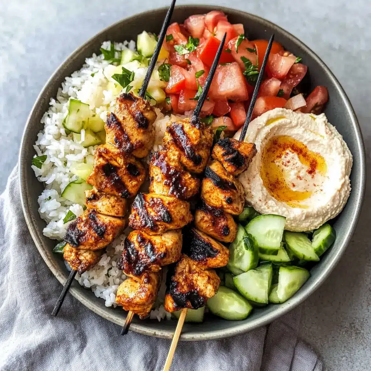 Mediterranean Rice Bowl with Grilled Chicken Tawook Skewers