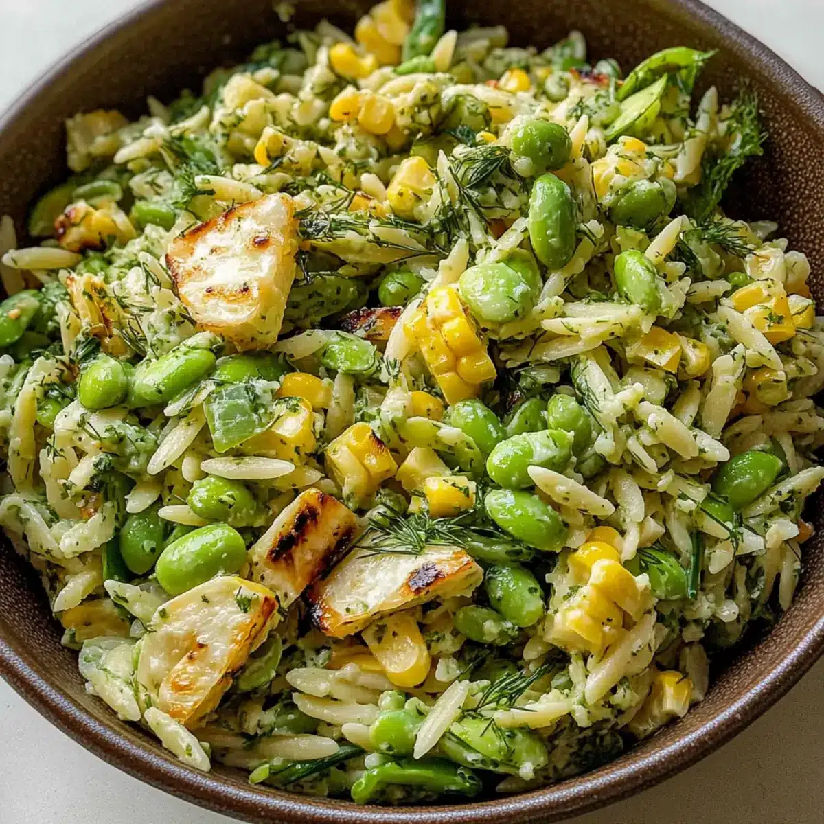 Grilled Corn Orzo Salad with Scallion Dill Dressing