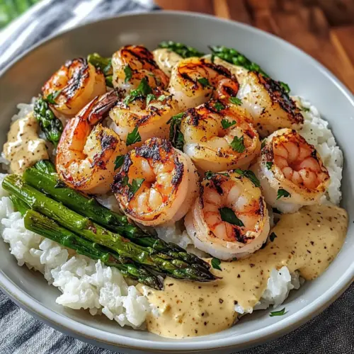 Grilled Shrimp Bowl with Asparagus & Creamy Garlic Sauce
