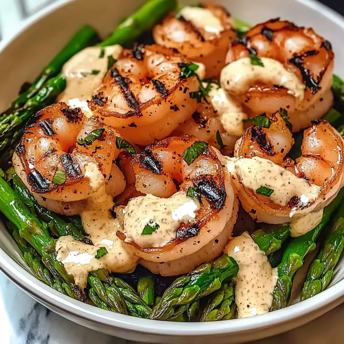 Grilled Shrimp Bowl with Asparagus & Creamy Garlic Sauce