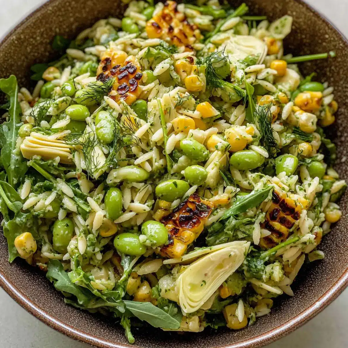 Grilled Corn Orzo Salad with Scallion Dill Dressing