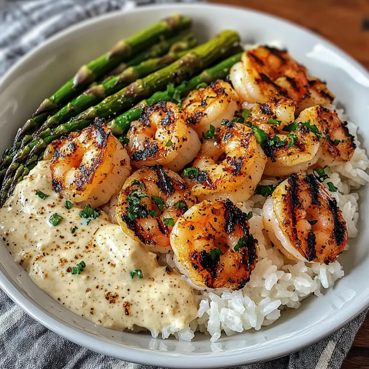 Grilled Shrimp Bowl with Asparagus & Creamy Garlic Sauce