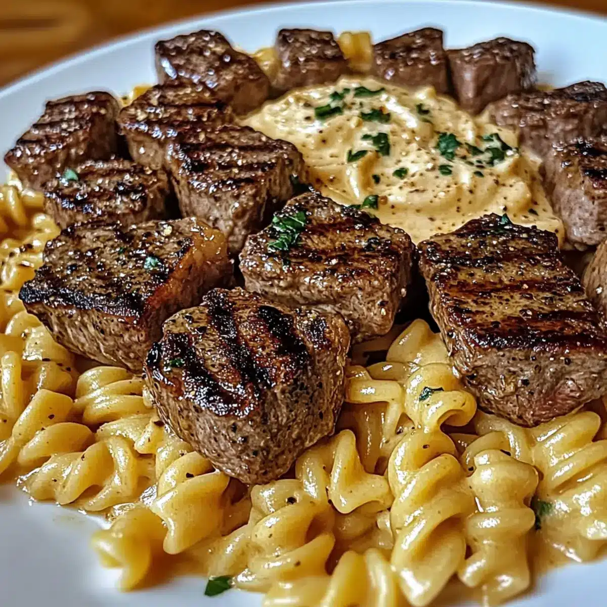 Creamy Garlic Butter Steak Bites with Spicy Cajun Alfredo Twisted Pasta