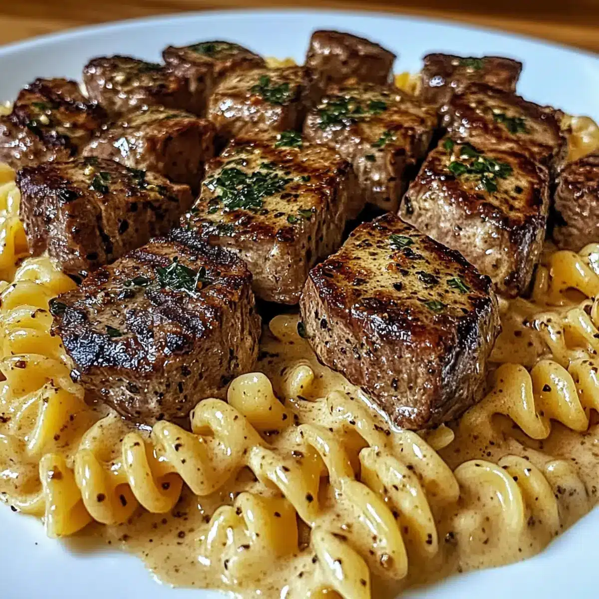Creamy Garlic Butter Steak Bites with Spicy Cajun Alfredo Twisted Pasta