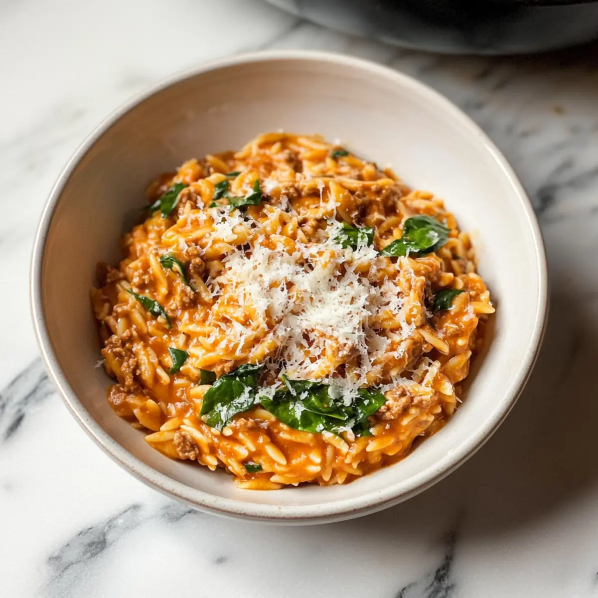 Ground Beef Orzo with Tomato Cream Sauce