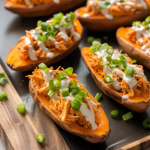 Buffalo Chicken Stuffed Sweet Potatoes