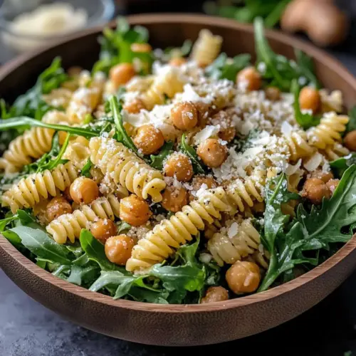 Arugula Pasta Caesar Salad with Crispy Chickpeas