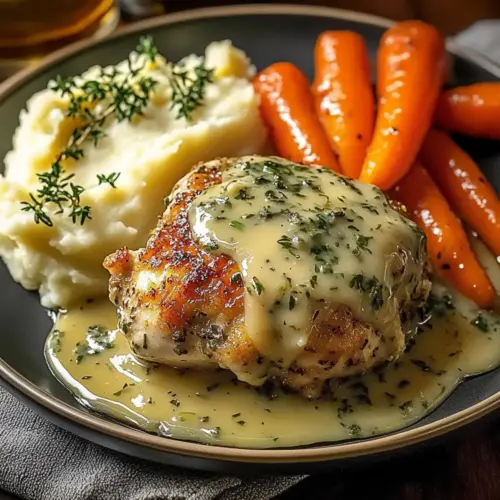 Creamy Herb Chicken with Mashed Potatoes & Glazed Carrots