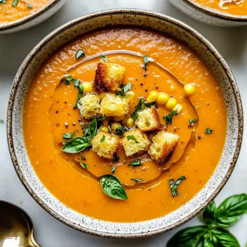 Peach & Corn Gazpacho with Cornbread Croutons