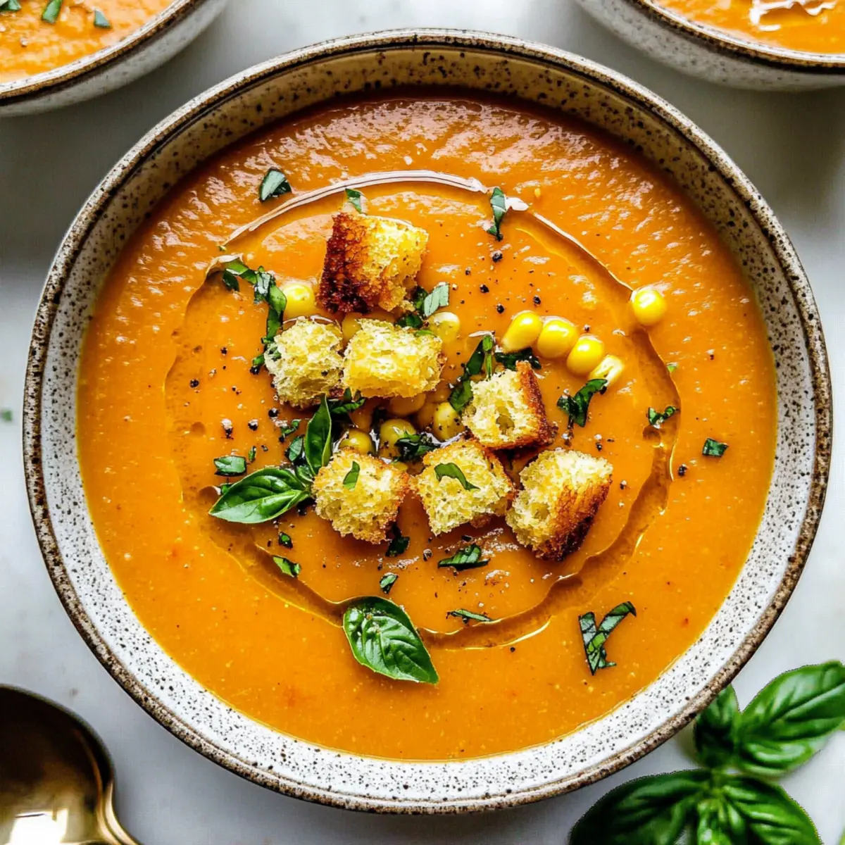 Peach & Corn Gazpacho with Cornbread Croutons